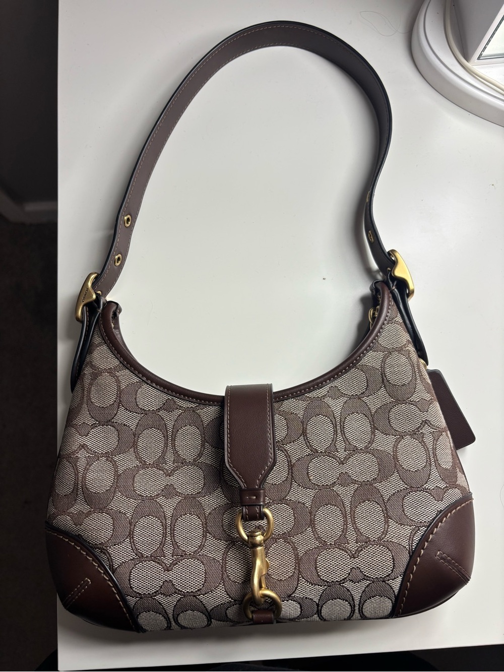 Coach Brown Signature Canvas Shoulder Bag with Gold Hardware Hamptons Hobo Bag